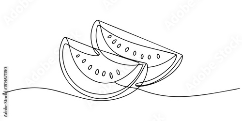 Minimalist continuous one line drawing of a juicy watermelon slice art with seeds and rind detail vector, Simple line art illustration of watermelon slices with seeds on white background. Non editable