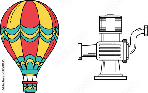 Hot Air Balloon and Industrial Electric Motor Vector Illustration Set with Colorful Aerostat and Mechanical Engine Line Icon