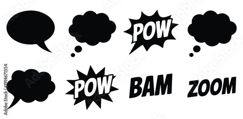Comic style speech bubbles and sound effects collection with explosion shapes and cloud silhouettes