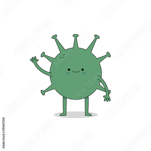 Cute virus cartoon character waving hand hi doodle