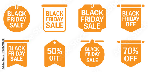Black friday sale tags and discount labels set in orange color, vector illustration