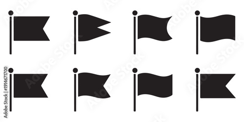 Flag pole icons set black vector silhouette of waving flags on flagpoles isolated on white