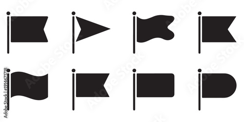 Set of black flags on flagpoles vector icons isolated on white background flag marker symbols