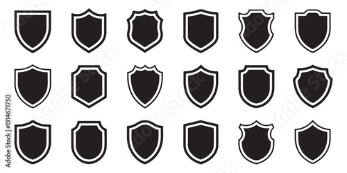 Assortment of shield icons featuring diverse outlines on white background vector