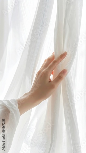 Gentle hand touches delicate white sheer curtains revealing bright daylight illuminating the room with soft ambient light creating a peaceful serene atmosphere