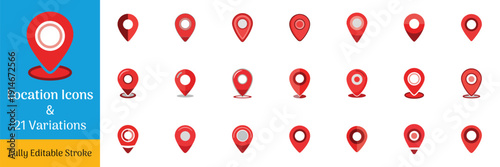 21 Red Location Marker Icons Vector Illustration