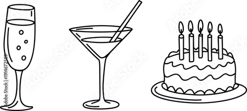 Black and white cocktail and birthday cake line illustration, champagne flute, martini glass, party celebration outline icon set