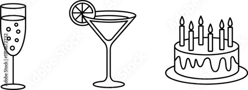 Black and white party drink and birthday cake line illustration, champagne flute, martini glass, celebration dessert outline icons