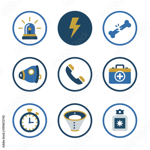 A grid of nine circular icons depicts various emergency, medical, and warning symbols, including a siren, broken bone, first aid kit, and communication tools.