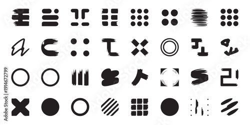 Abstract geometric shapes collection with minimalist hand drawn ink brush strokes and paint smears