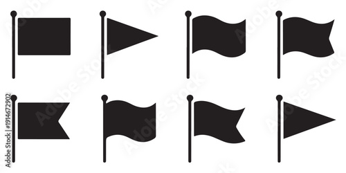 Black flag icons set with different shapes and poles for navigation maps and location markers clip