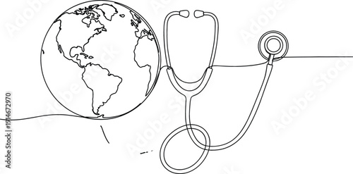 Continuous line drawing of a diverse professional team working together with laptops and a tablet representing corporate collaboration digital workplace and business productivity.