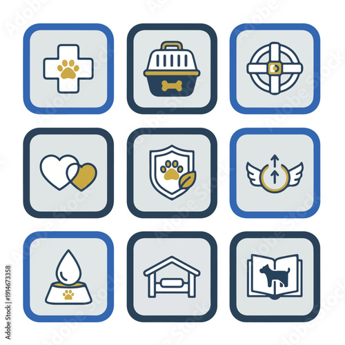 A grid of nine outlined icons representing various aspects of pet care, including veterinary, transport, safety, love, protection, well-being, food, shelter, and education.