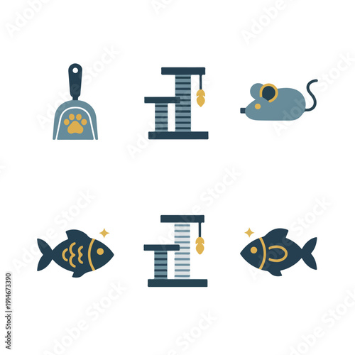 A collection of flat-design pet care and toy icons, including a litter scoop, scratching posts, a mouse toy, and stylized fish.