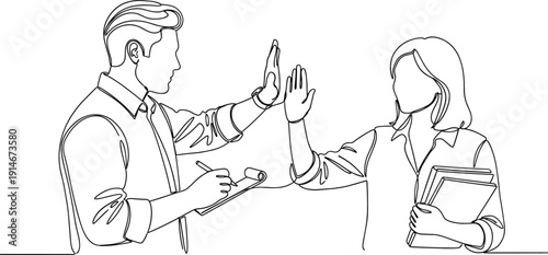 Continuous line drawing of a man and woman giving a high five representing business partnership team success and academic collaboration achievement.