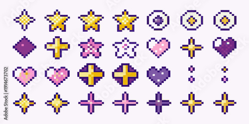 Colorful pixel art icons featuring hearts stars plus signs and diamonds