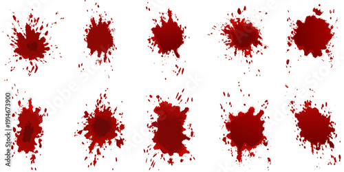 Collection of realistic blood splatter shapes against a white background