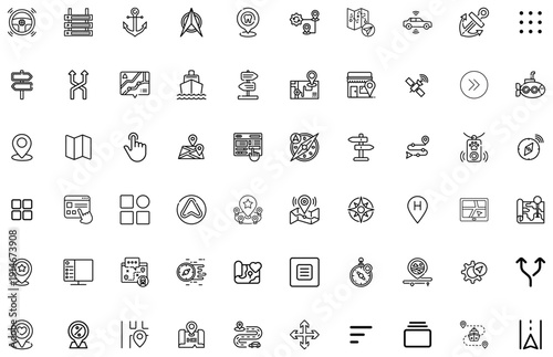 Collection of navigation and location including maps compasses and pointers