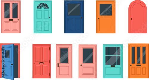 Colorful front door collection set, modern and classic house entrance doors in various styles isolated on light background vector illustrationColorful front door 
