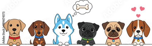 Cute cartoon dog breeds illustration with Labrador Dachshund Husky Pug Beagle puppy characters, adorable pet vector collection isolated on white background design