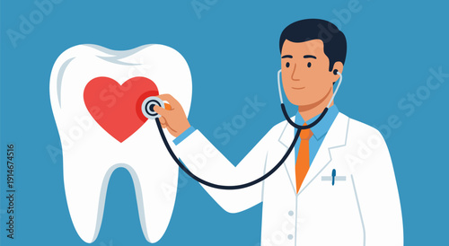 Doctor listening to heart inside tooth with stethoscope, vector illustration of dental health care