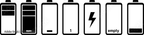 Battery level indicator icon set with charging and low power symbols, black silhouette vector collection isolated on white background