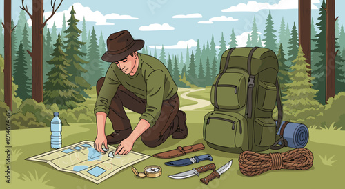 Man in nature, planning route on map with backpack and equipment, vector illustration