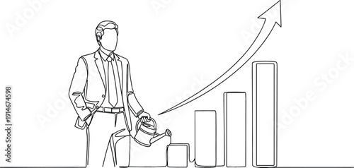Continuous line drawing of businessman watering a growing bar graph with arrow representing financial success and corporate development