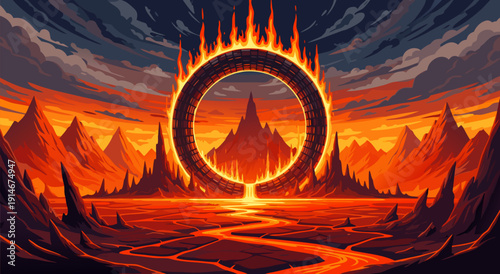 Epic Fiery Ring Gateway Vector Illustration Over a Volcanic Landscape