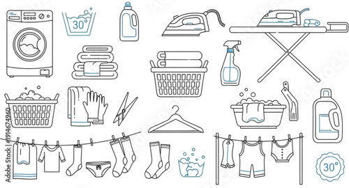 Laundry Doodle Collection Hand Drawn Outline Vector Set