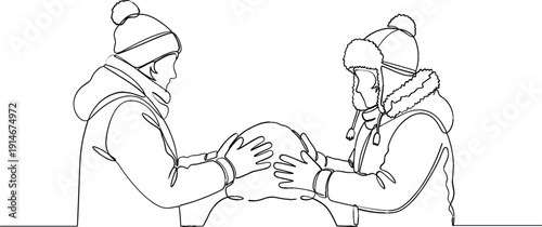 Continuous line drawing of two children in winter clothes building a snowman representing outdoor seasonal play family recreation and childhood friendship.