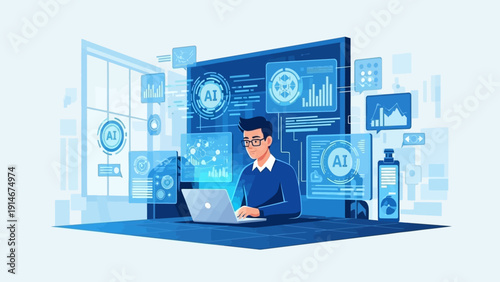 Businessman working with AI technology on laptop in modern office