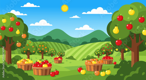 Vibrant vector illustration of an abundant fruit orchard with baskets brimming with apples and pears on a sunny day