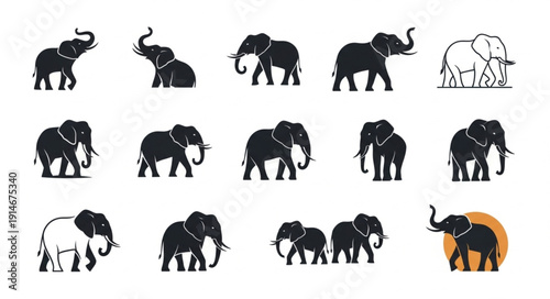 Collection of Elephant Silhouettes in Various Poses.