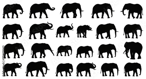 Collection of Elephant Silhouettes in Various Poses.