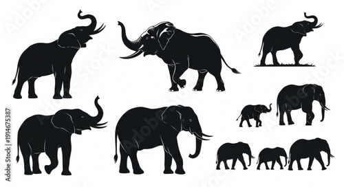 Collection of Elephant Silhouettes in Various Poses.