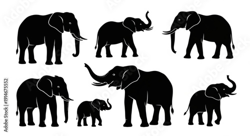 Collection of Elephant Silhouettes in Various Poses.