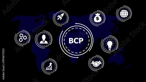 Business Continuity Planning BCP concept with icons on world map and black background Keywords: BCP, business continuity planning, world map, global, strategy, planning, risk management