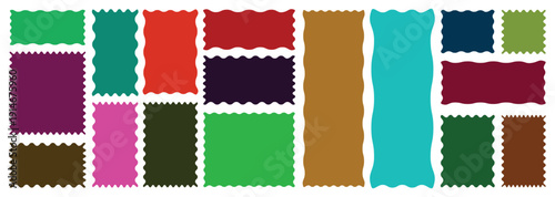 wavy rectangular frames scallop set color. Postage stamp borders.Set of color wavy edge frames. Rectangle shape frame with zigzag edge.Geometric zig zag wavy edge stickers, frames, shapes.Zig zag edge