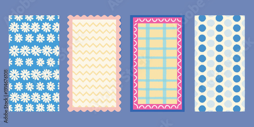 Four colorful rug designs with repeating patterns displayed in a row