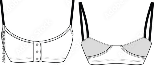 Cropped Bralette Top Fashion Technical Drawing Flat Sketch Template Wide Adjustable Straps Snap Front Closure and Underbust Seaming, Isolated Vector.