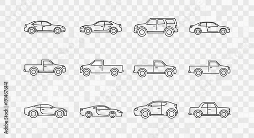 Collection of Hand Drawn Car Icons on Transparent Background.