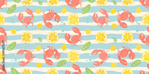 Seamless summer pattern with crabs citrus fruits and striped waves
