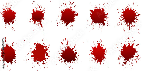 A collection of realistic irregularly shaped red blood splatter patterns