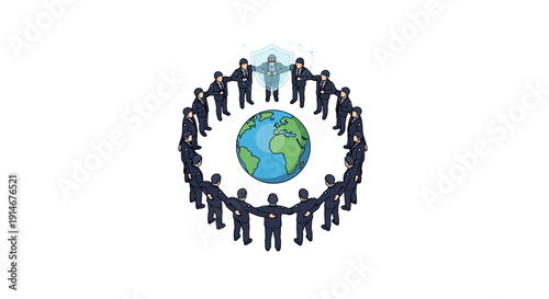 Illustration of diverse people forming a circle around the earth globe with a national security theme for CISF Raising Day and sustainability celebration.