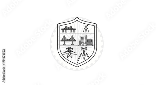 Vector illustration of a shield icon with various industrial and environmental symbols on a white background for National security theme and CISF Raising Day