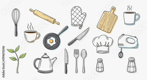 Collection of Hand Drawn Kitchen Utensils and Cooking Tools.