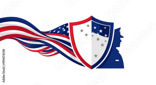 Vector illustration of a patriotic shield with stars and stripes design elements on a white background, symbolizing national security and appreciation.