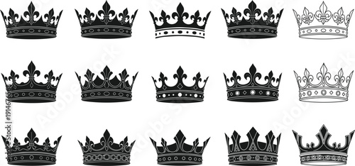 Set of royal crowns vector icon collection, featuring various king and queen coronets with intricate fleur-de-lis and jewel decorations, black silhouettes.