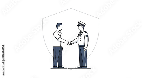 Vector illustration of a businessman and a security officer shaking hands in front of a shield on a white background, symbolizing CISF Raising Day and national security theme with a sense